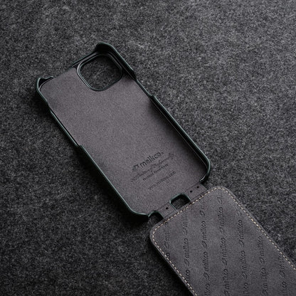 MELKCO For iPhone 15 Case Anti-drop Vertical Flip Genuine Cow Leather+PC Cover