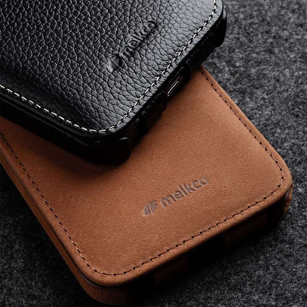 MELKCO For iPhone 15 Case Anti-drop Vertical Flip Genuine Cow Leather+PC Cover