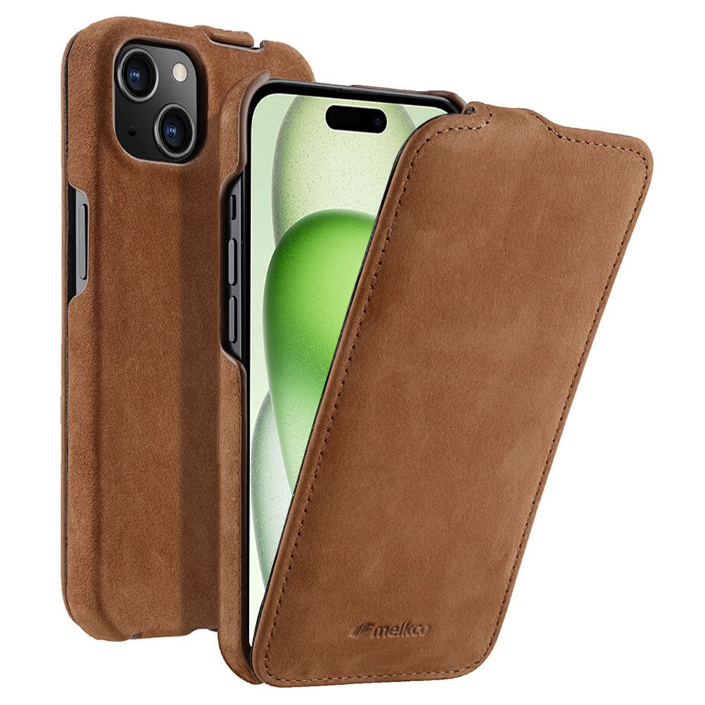 MELKCO For iPhone 15 Case Anti-drop Vertical Flip Genuine Cow Leather+PC Cover