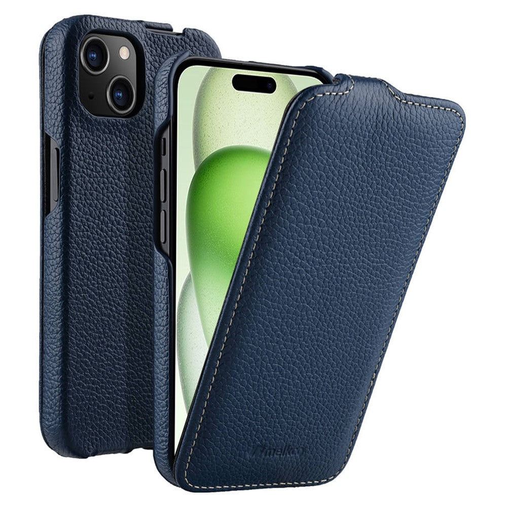 MELKCO For iPhone 15 Case Anti-drop Vertical Flip Genuine Cow Leather+PC Cover