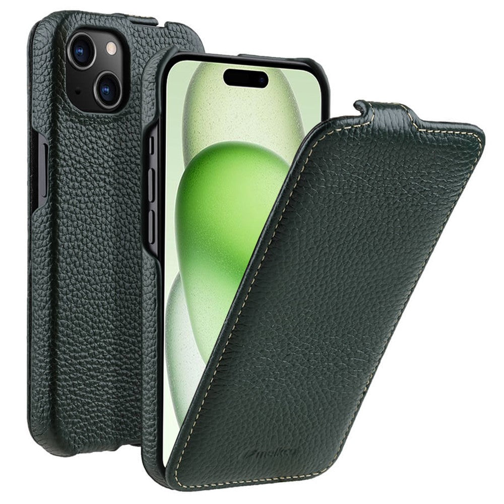 MELKCO For iPhone 15 Case Anti-drop Vertical Flip Genuine Cow Leather+PC Cover