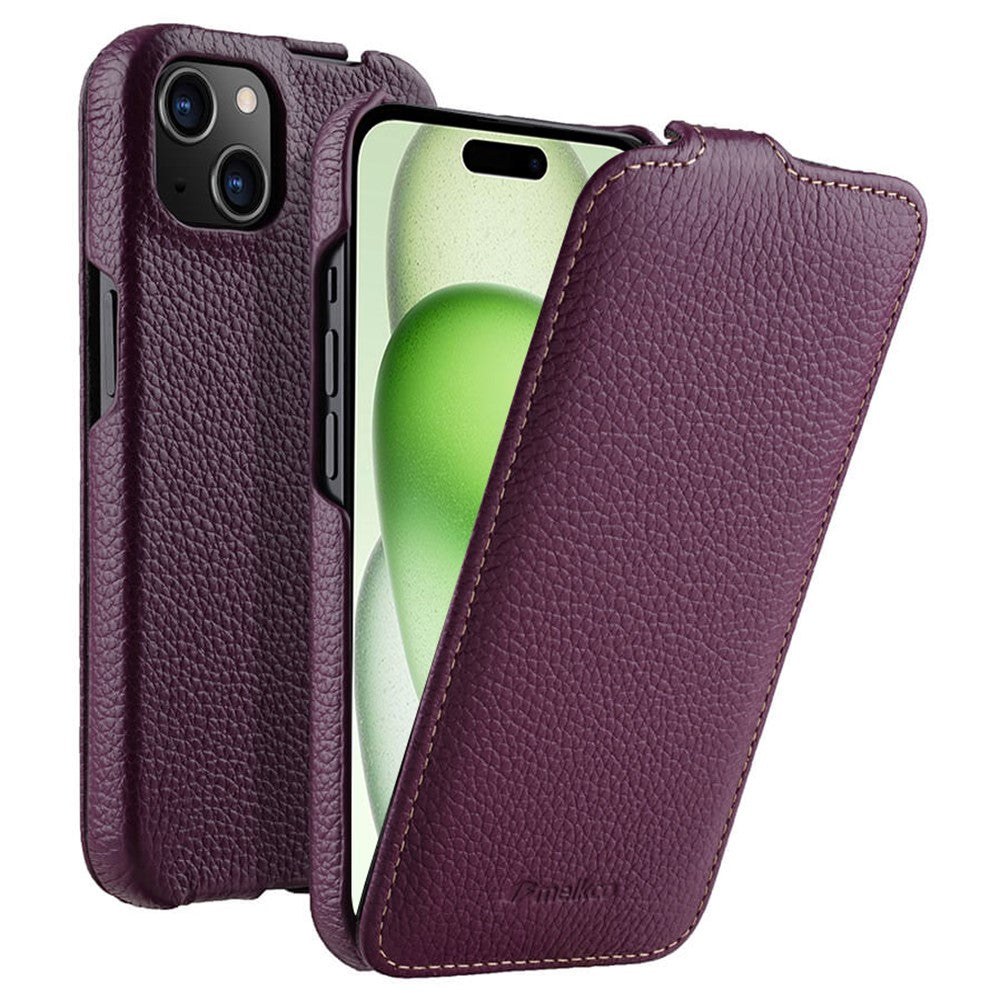 MELKCO For iPhone 15 Case Anti-drop Vertical Flip Genuine Cow Leather+PC Cover