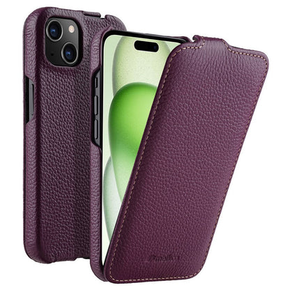 MELKCO For iPhone 15 Case Anti-drop Vertical Flip Genuine Cow Leather+PC Cover