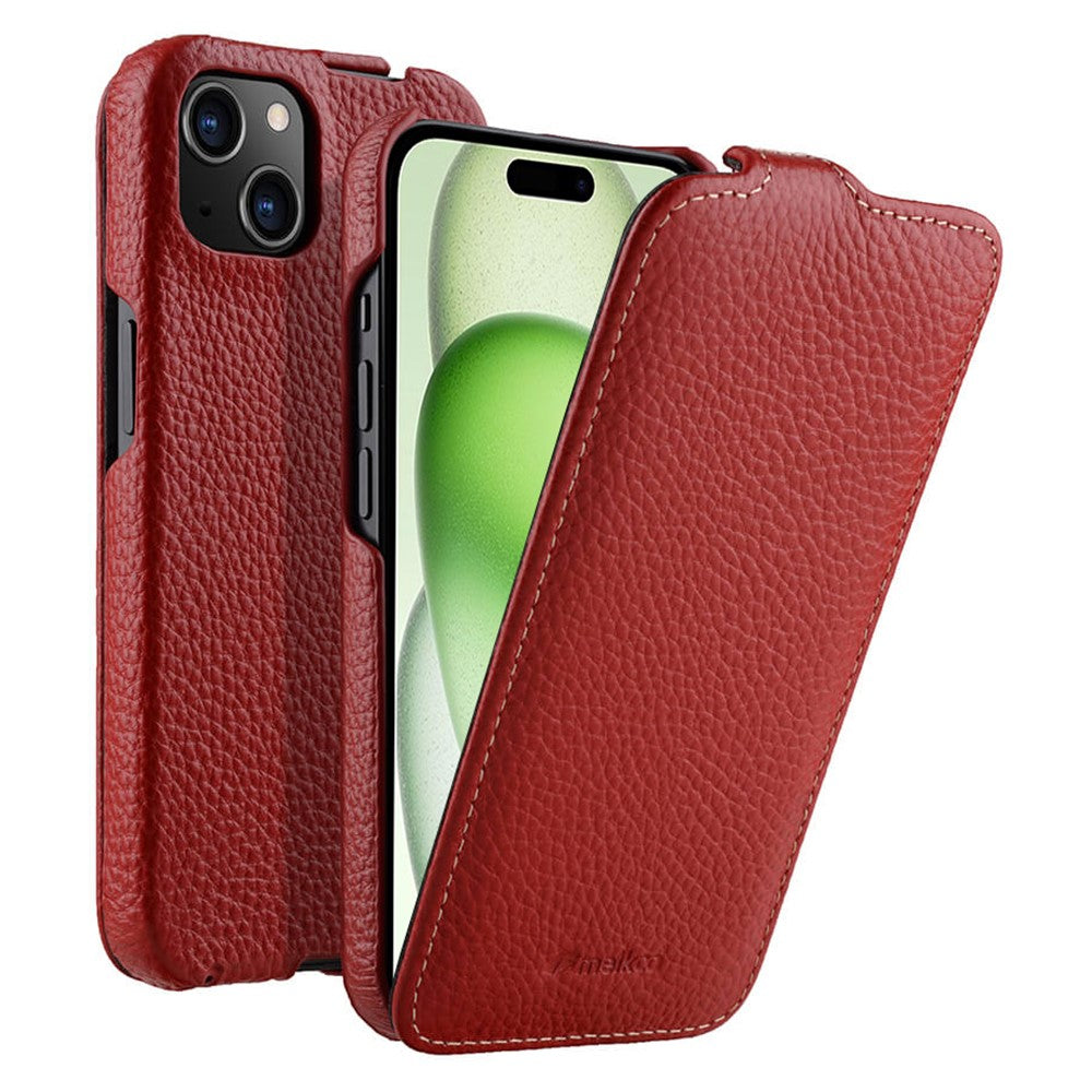 MELKCO For iPhone 15 Case Anti-drop Vertical Flip Genuine Cow Leather+PC Cover