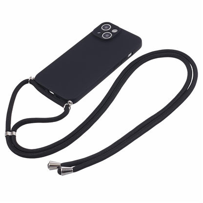 For iPhone 15 TPU Phone Case Fiber Lining Rubberized Cover with Long Lanyard
