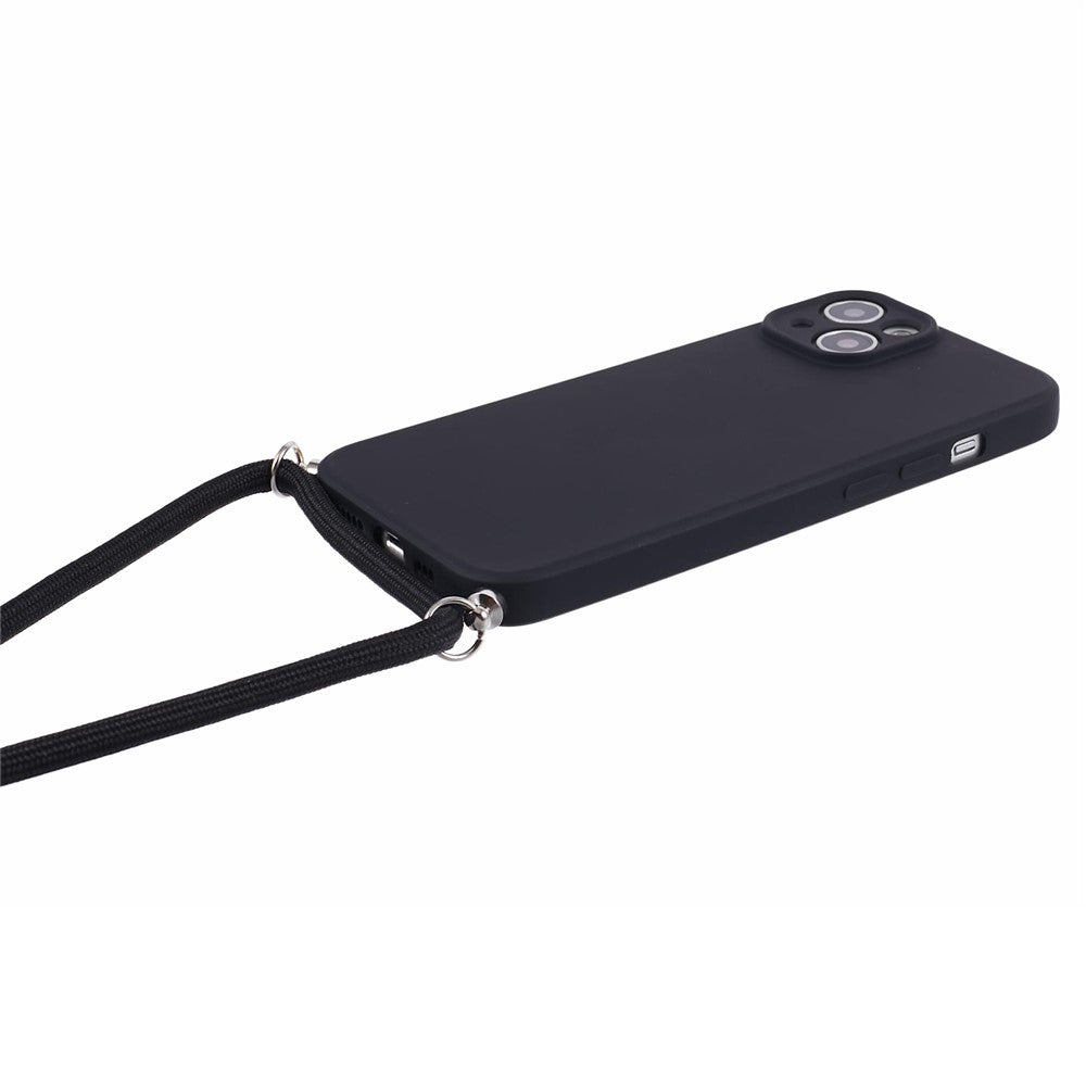 For iPhone 15 TPU Phone Case Fiber Lining Rubberized Cover with Long Lanyard