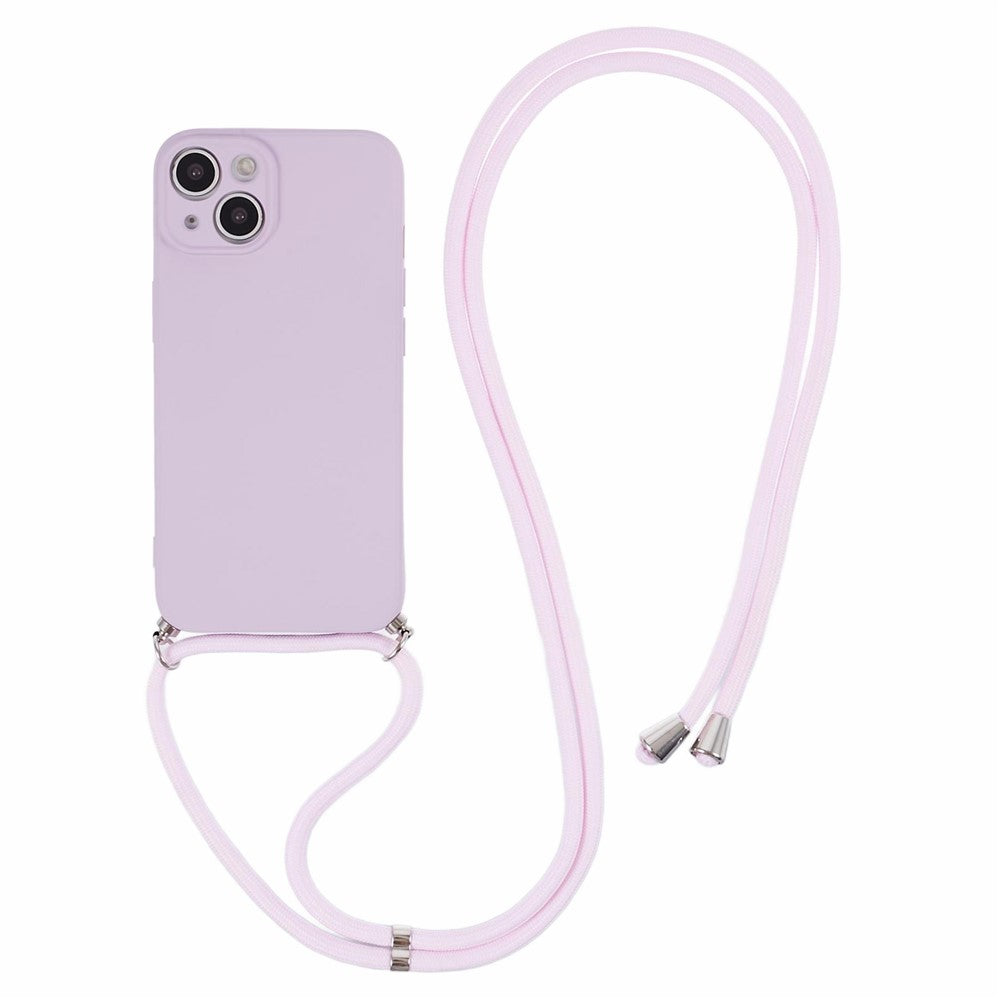 For iPhone 15 TPU Phone Case Fiber Lining Rubberized Cover with Long Lanyard