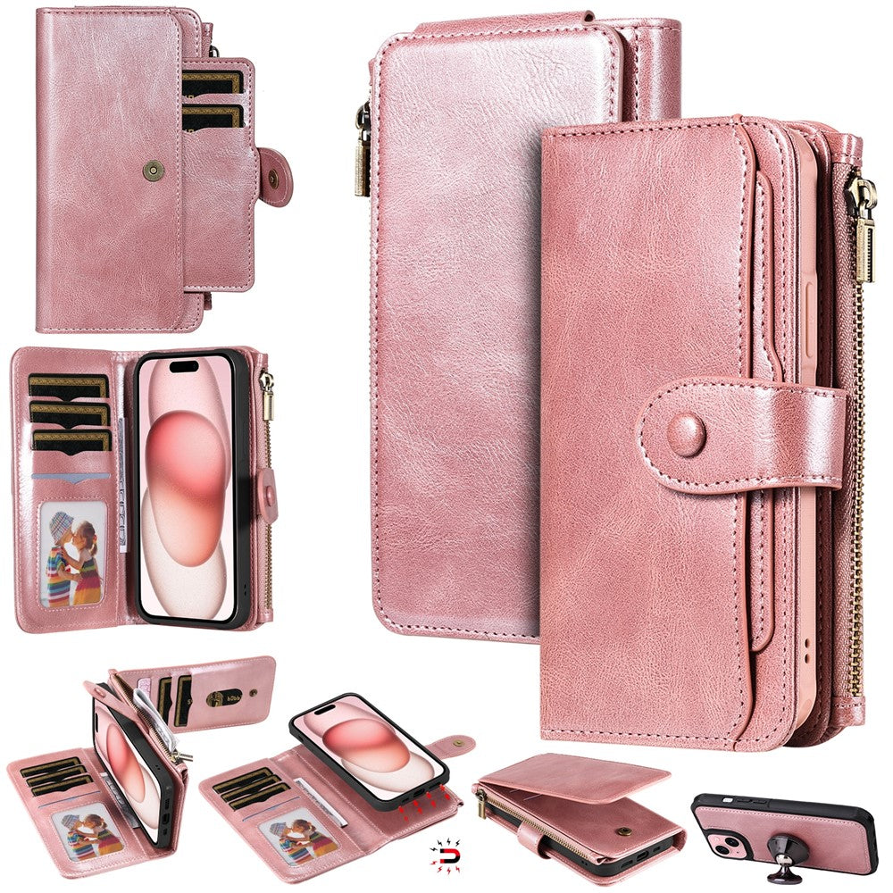 For iPhone 15 Magnetic Case Detachable PU Leather Zipper Wallet Cover