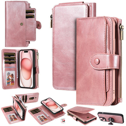 For iPhone 15 Magnetic Case Detachable PU Leather Zipper Wallet Cover