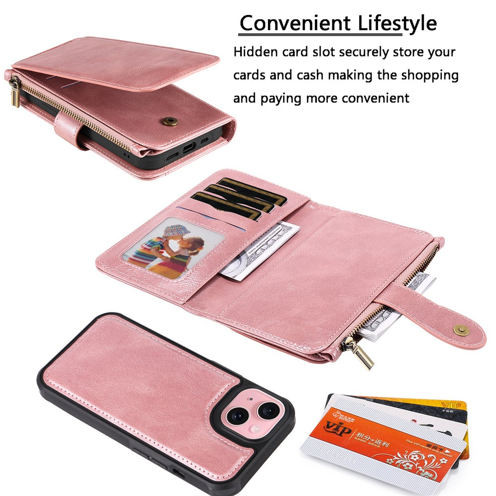 For iPhone 15 Magnetic Case Detachable PU Leather Zipper Wallet Cover