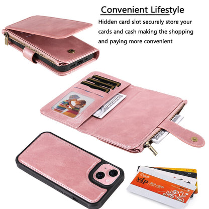 For iPhone 15 Magnetic Case Detachable PU Leather Zipper Wallet Cover