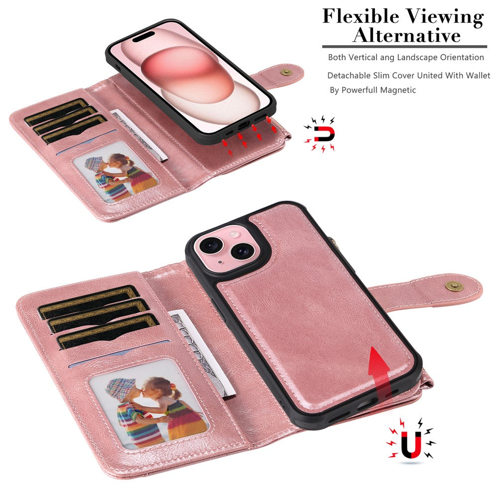 For iPhone 15 Magnetic Case Detachable PU Leather Zipper Wallet Cover
