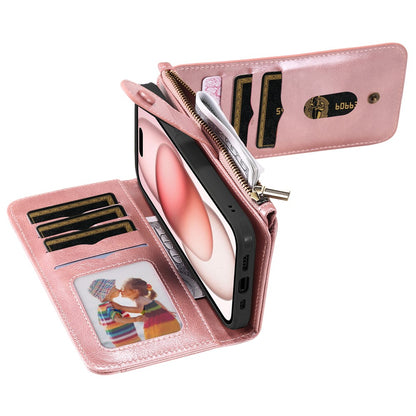 For iPhone 15 Magnetic Case Detachable PU Leather Zipper Wallet Cover