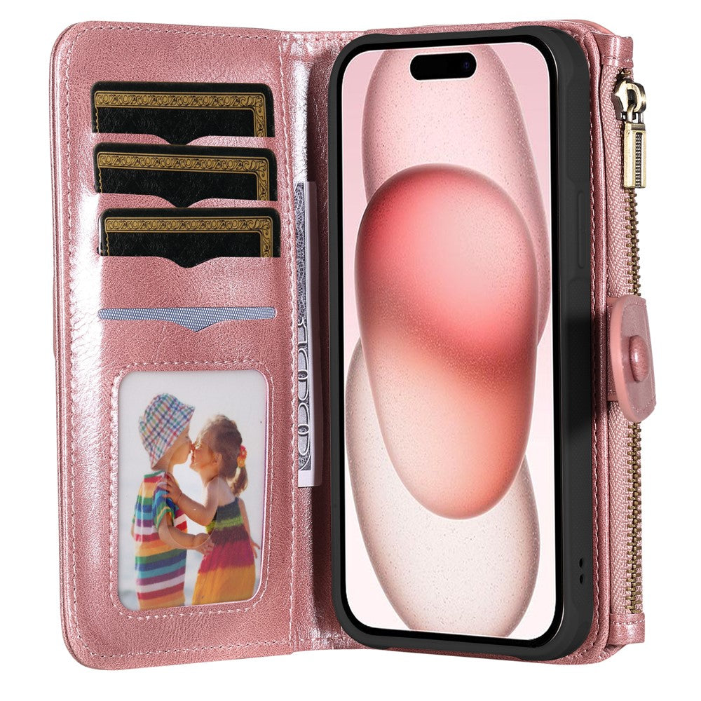 For iPhone 15 Magnetic Case Detachable PU Leather Zipper Wallet Cover