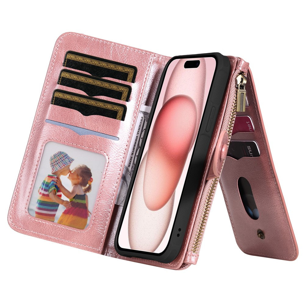 For iPhone 15 Magnetic Case Detachable PU Leather Zipper Wallet Cover