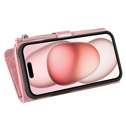 For iPhone 15 Magnetic Case Detachable PU Leather Zipper Wallet Cover