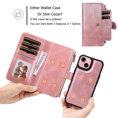 For iPhone 15 Magnetic Case Detachable PU Leather Zipper Wallet Cover