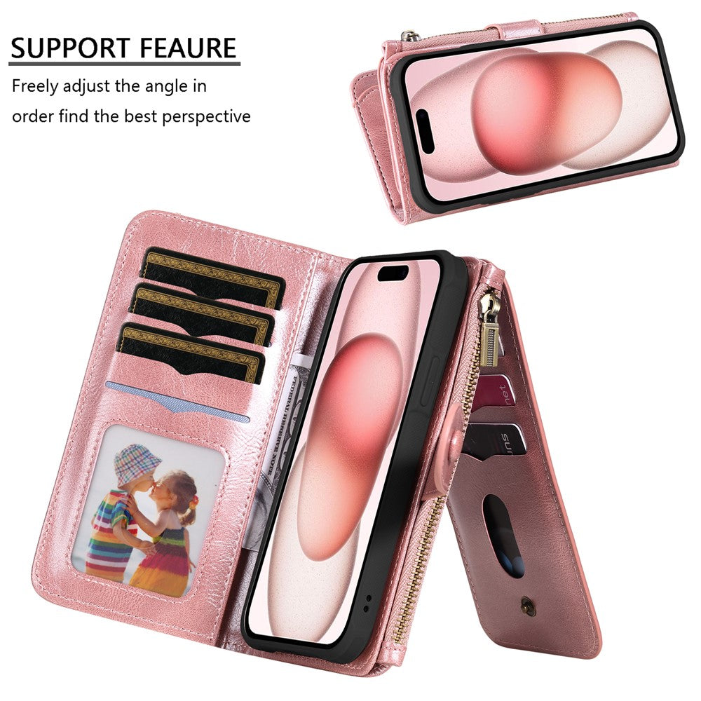 For iPhone 15 Magnetic Case Detachable PU Leather Zipper Wallet Cover