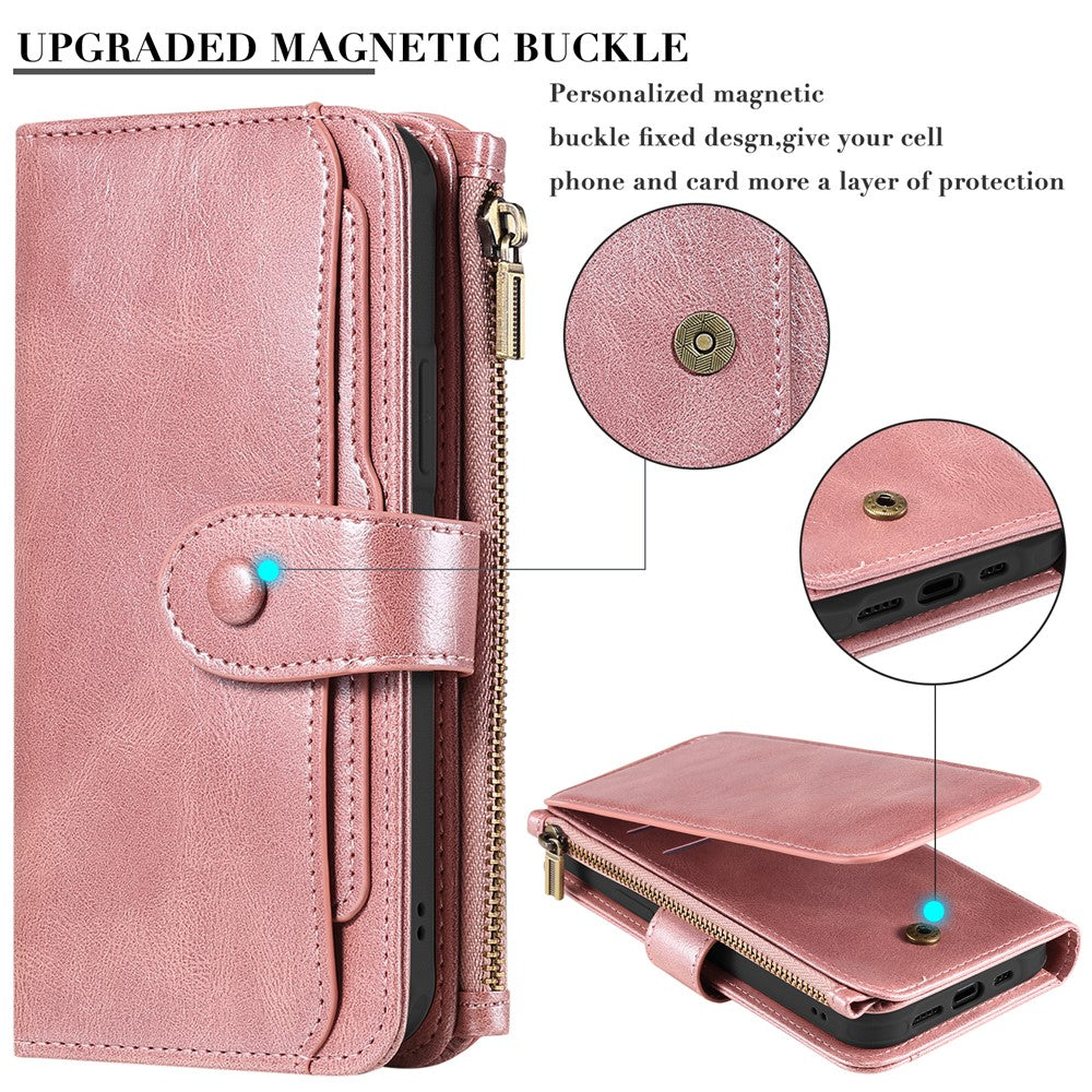 For iPhone 15 Magnetic Case Detachable PU Leather Zipper Wallet Cover