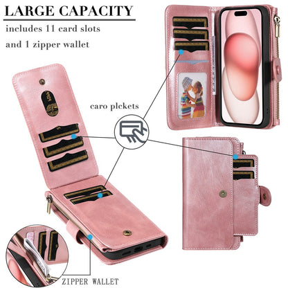 For iPhone 15 Magnetic Case Detachable PU Leather Zipper Wallet Cover