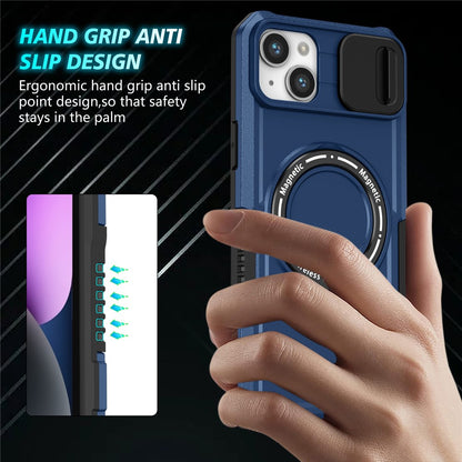 For iPhone 14 Case Kickstand Magnetic Phone Protector with Sliding Lens Cover