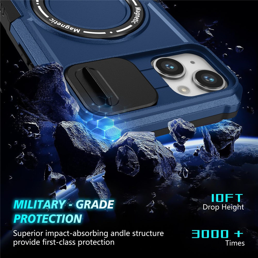For iPhone 14 Case Kickstand Magnetic Phone Protector with Sliding Lens Cover