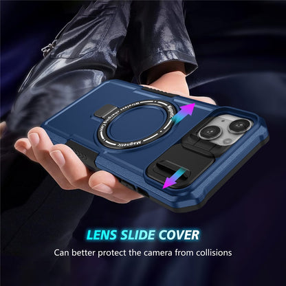 For iPhone 14 Case Kickstand Magnetic Phone Protector with Sliding Lens Cover