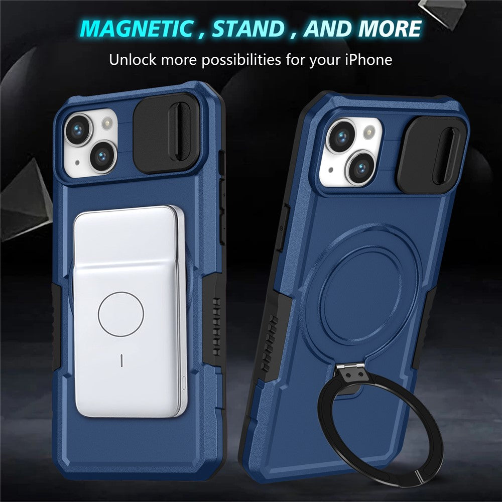 For iPhone 14 Case Kickstand Magnetic Phone Protector with Sliding Lens Cover