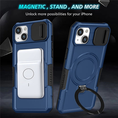 For iPhone 14 Case Kickstand Magnetic Phone Protector with Sliding Lens Cover