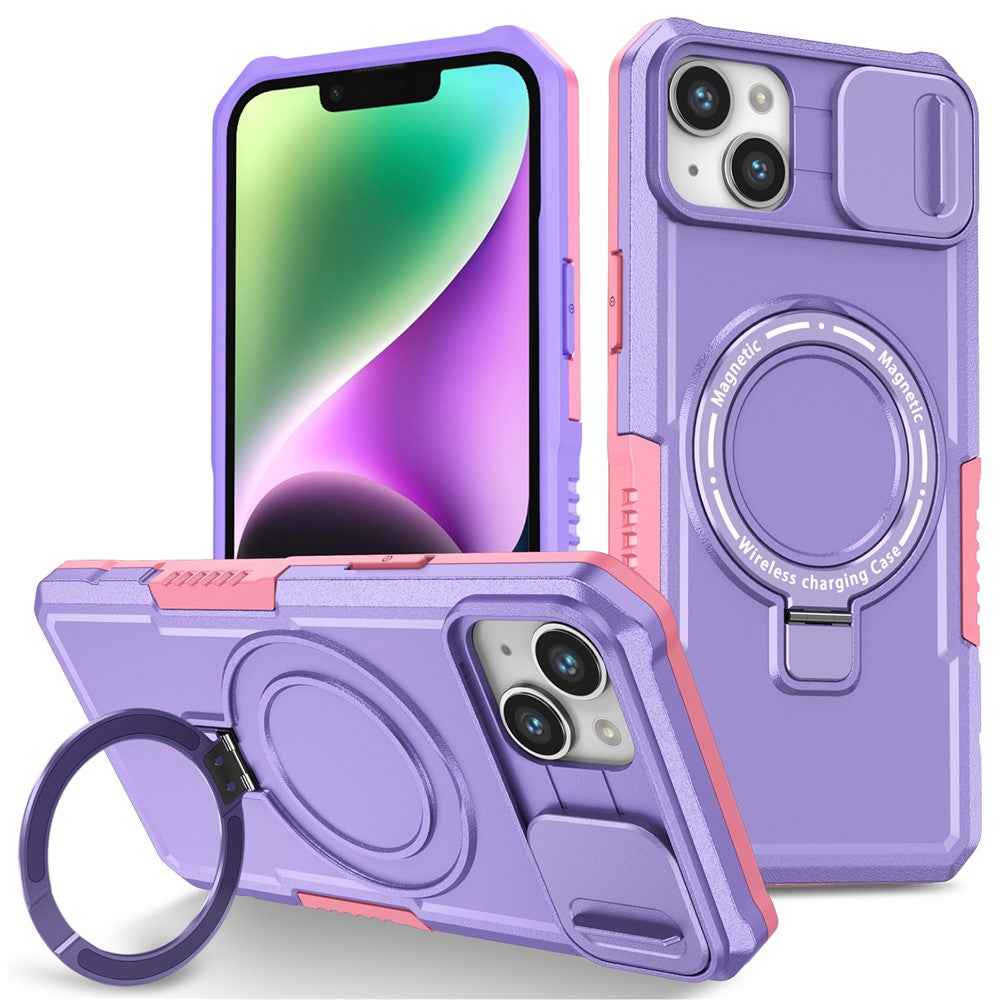 For iPhone 14 Case Kickstand Magnetic Phone Protector with Sliding Lens Cover