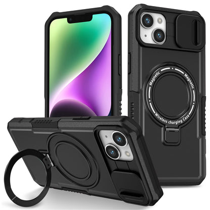 For iPhone 14 Case Kickstand Magnetic Phone Protector with Sliding Lens Cover