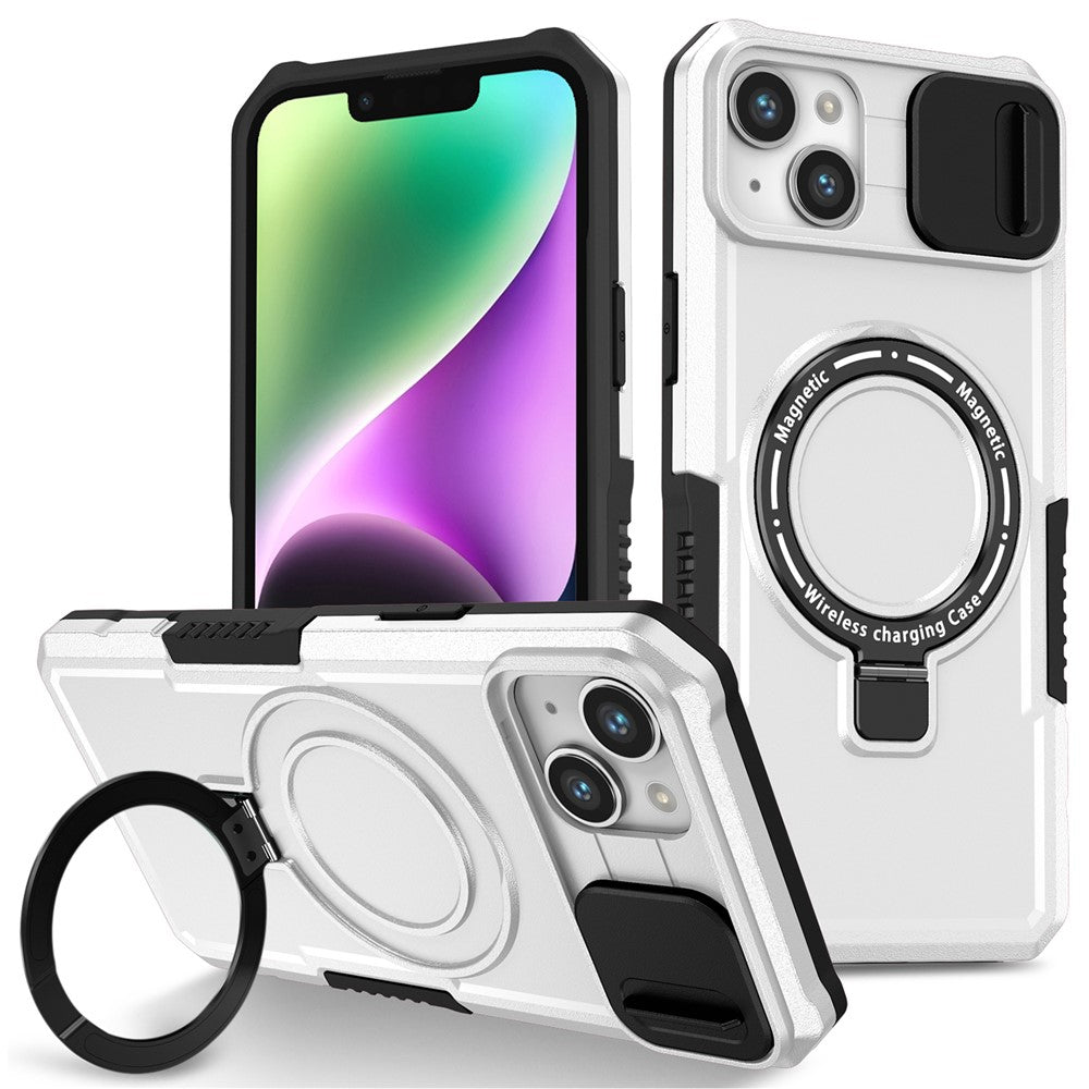 For iPhone 14 Case Kickstand Magnetic Phone Protector with Sliding Lens Cover