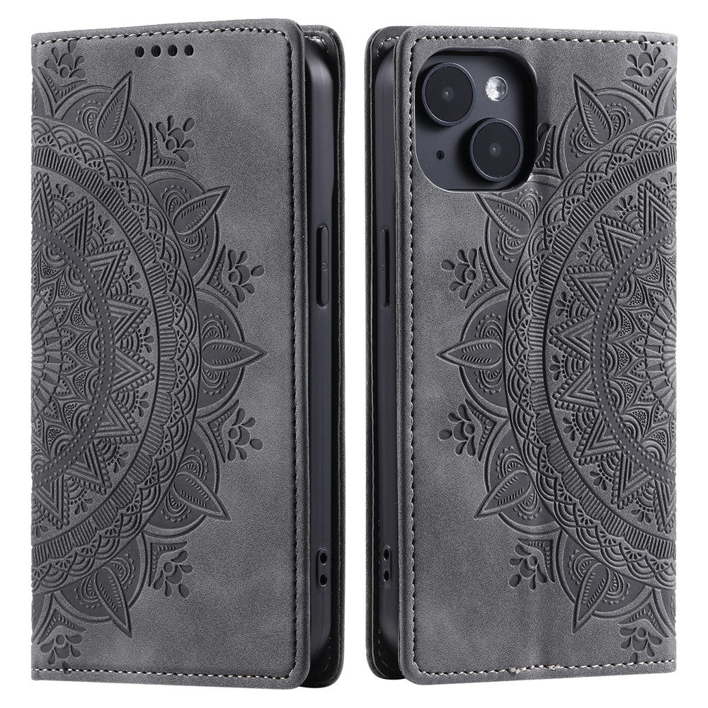 For iPhone 15 Case Imprinted Stand PU Leather Magnetic Cell Phone Cover