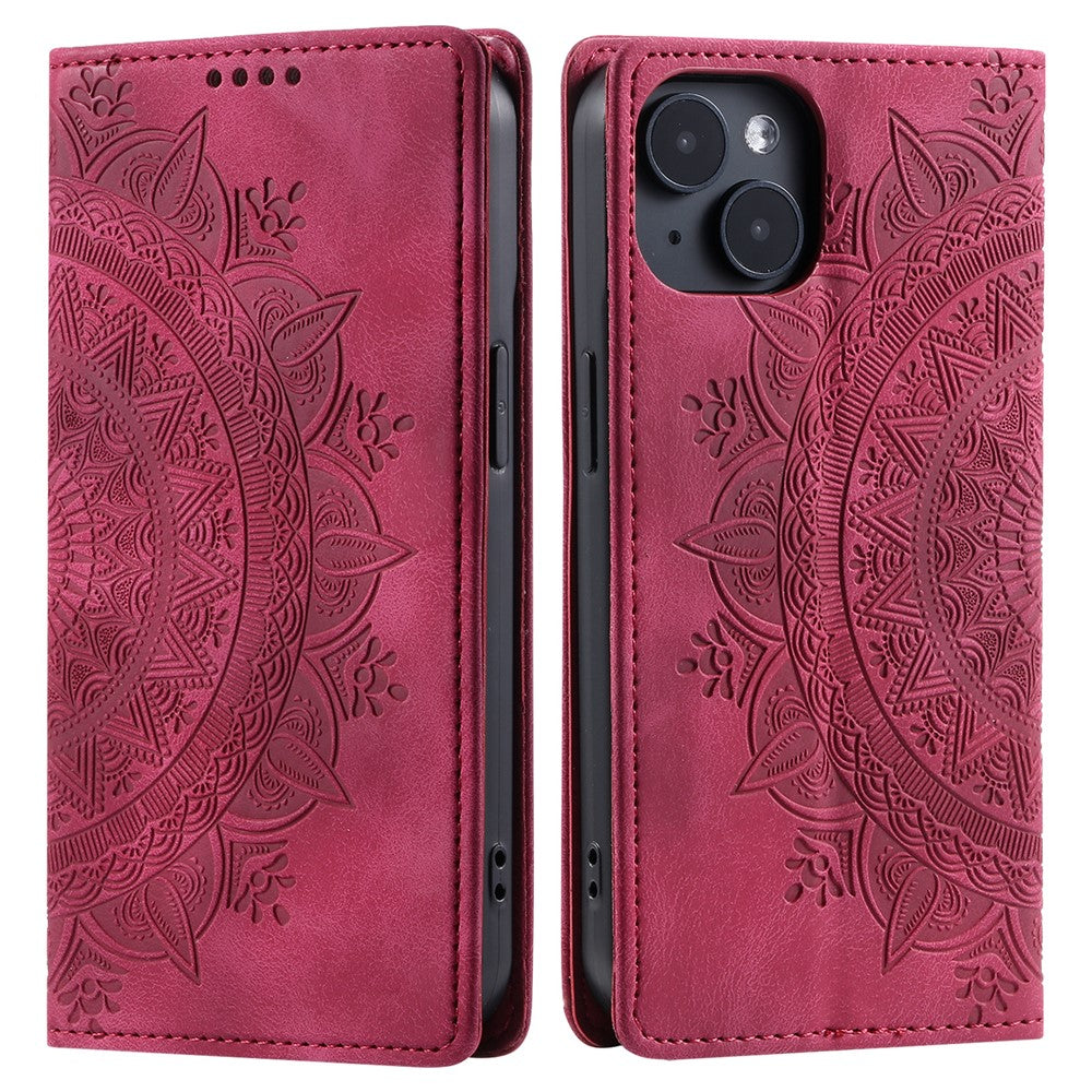 For iPhone 15 Case Imprinted Stand PU Leather Magnetic Cell Phone Cover