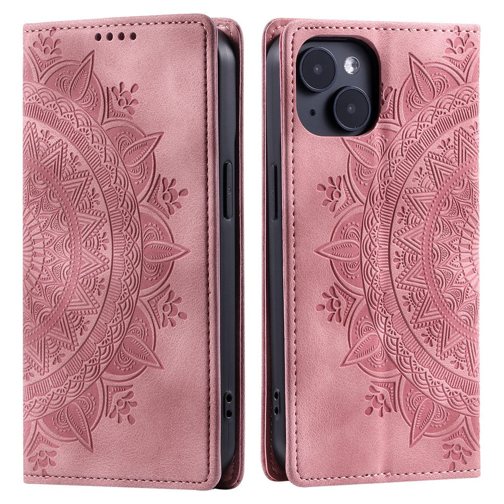 For iPhone 15 Case Imprinted Stand PU Leather Magnetic Cell Phone Cover