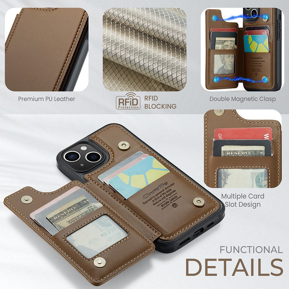 For iPhone 15 Plus Phone Case CASEME C22 Leather Back Cover with RFID Blocking Card Slots