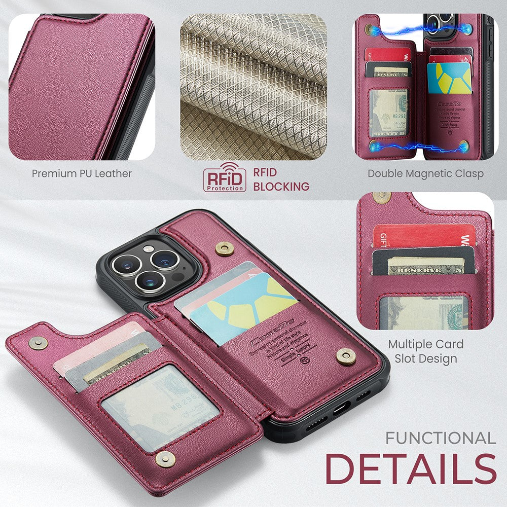 For iPhone 15 Pro Max Phone Case CASEME C22 Leather Back Cover with RFID Blocking Card Slots