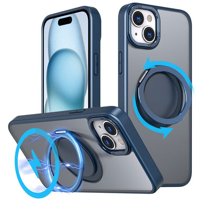 For iPhone 15 Plus Magnetic Case Ring Kickstand PC + TPU Cover