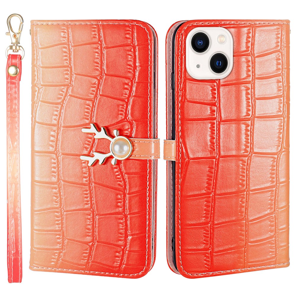 For iPhone 14 Plus Wallet Case Gradient Crocodile Texture Protective Phone Cover