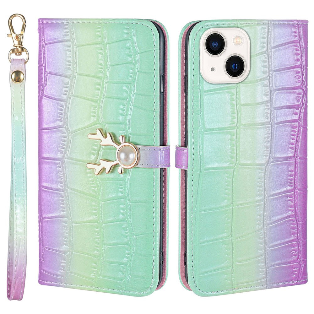 For iPhone 14 Plus Wallet Case Gradient Crocodile Texture Protective Phone Cover