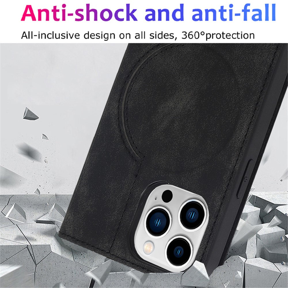 For iPhone 15 Pro Magnetic Case PU Leather Card Holder Cover with RFID Blocking