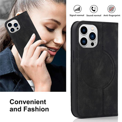 For iPhone 15 Pro Magnetic Case PU Leather Card Holder Cover with RFID Blocking