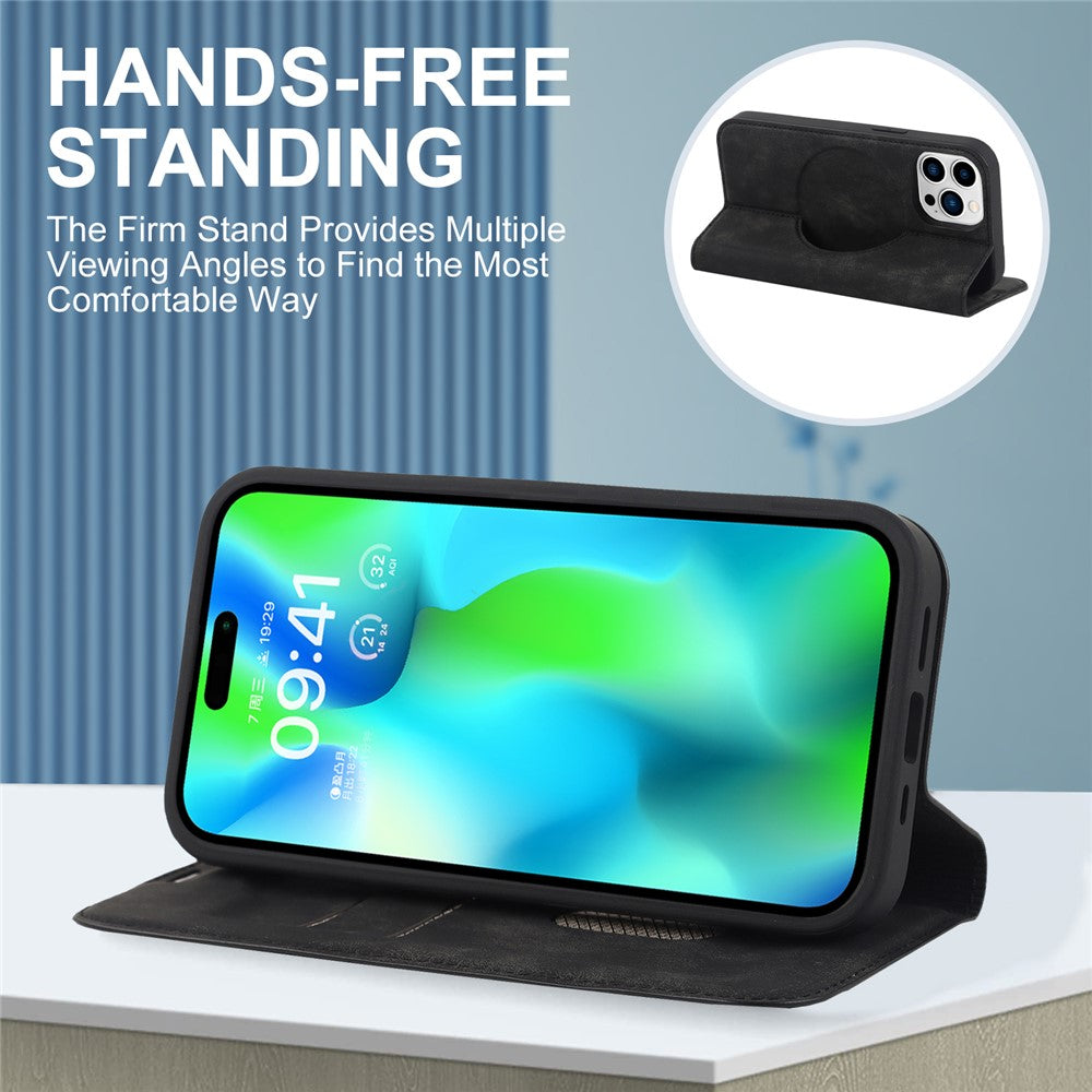 For iPhone 15 Pro Magnetic Case PU Leather Card Holder Cover with RFID Blocking