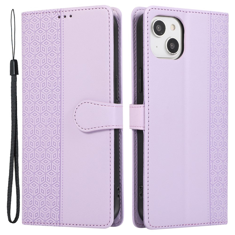 R20 for iPhone 14 Plus Wallet Case PU Leather Splicing Rhombus Cell Phone Cover