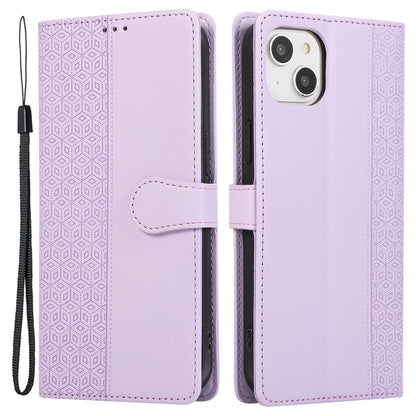 R20 for iPhone 14 Plus Wallet Case PU Leather Splicing Rhombus Cell Phone Cover