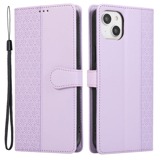 R20 for iPhone 14 Plus Wallet Case PU Leather Splicing Rhombus Cell Phone Cover