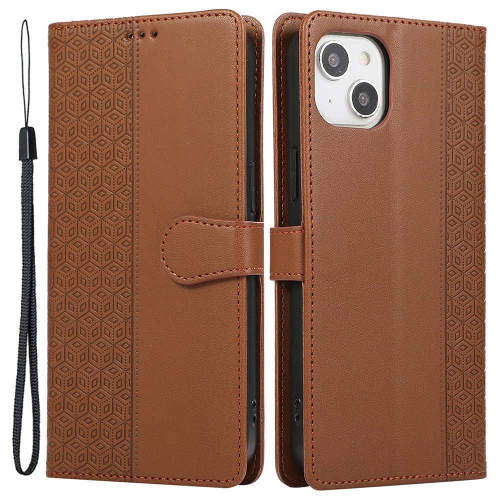 R20 for iPhone 14 Plus Wallet Case PU Leather Splicing Rhombus Cell Phone Cover