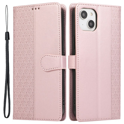 R20 for iPhone 14 Plus Wallet Case PU Leather Splicing Rhombus Cell Phone Cover