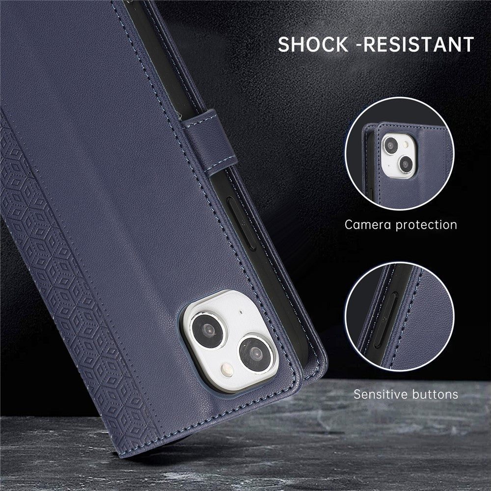 R20 for iPhone 14 Plus Wallet Case PU Leather Splicing Rhombus Cell Phone Cover