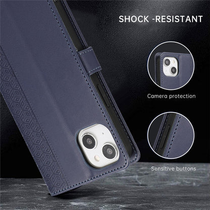 R20 for iPhone 14 Plus Wallet Case PU Leather Splicing Rhombus Cell Phone Cover